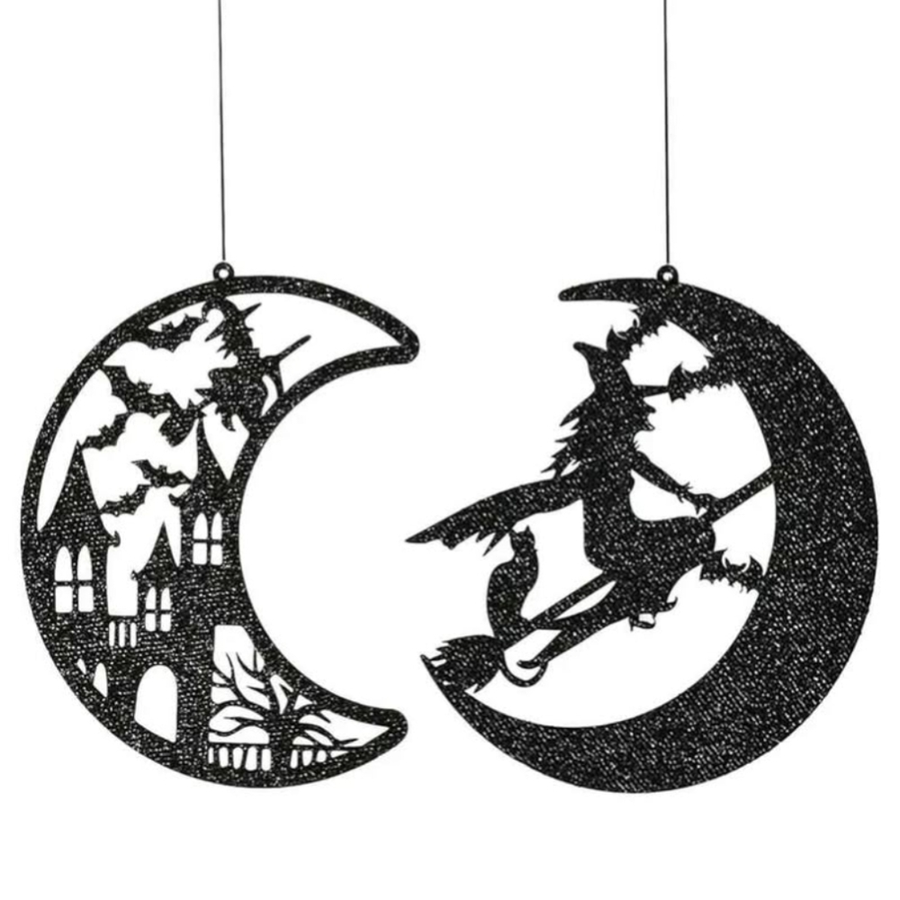 New Set Of 2 Black Glitter Halloween Moon Hanging Decor